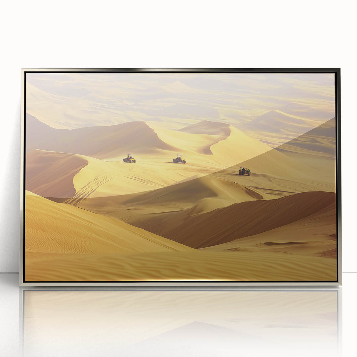 Framed acrylic artwork depicting a vibrant desert landscape, featuring warm tones of orange and yellow under a clear blue sky, designed to enhance modern decor.