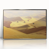 Framed acrylic artwork depicting a vibrant desert landscape, featuring warm tones of orange and yellow under a clear blue sky, designed to enhance modern decor.