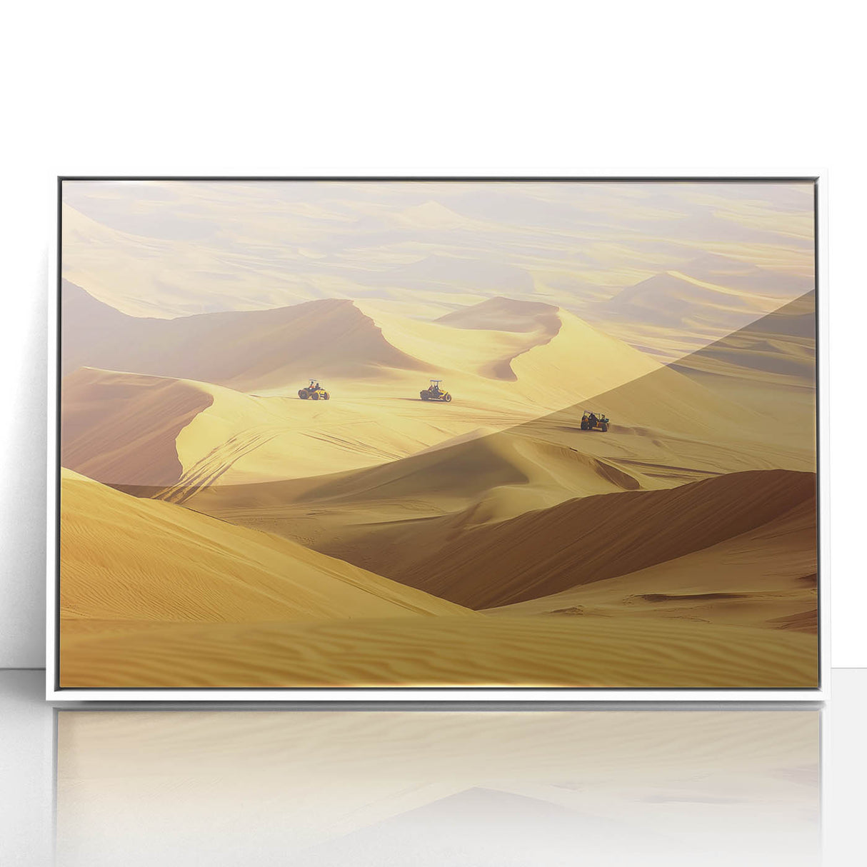 Framed acrylic artwork depicting a serene desert landscape with vibrant orange and yellow hues, set against a sleek white frame, perfect for modern home decor.