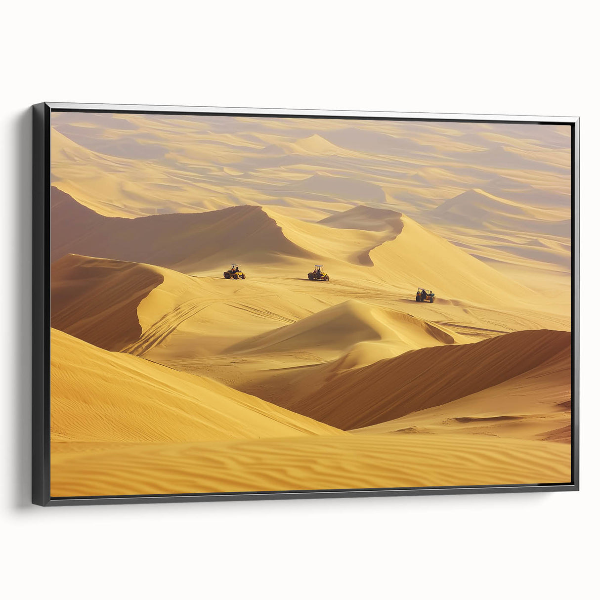 Framed canvas art depicting a serene desert landscape, featuring warm tones of orange and brown, displayed with a sleek black frame, perfect for home decor.