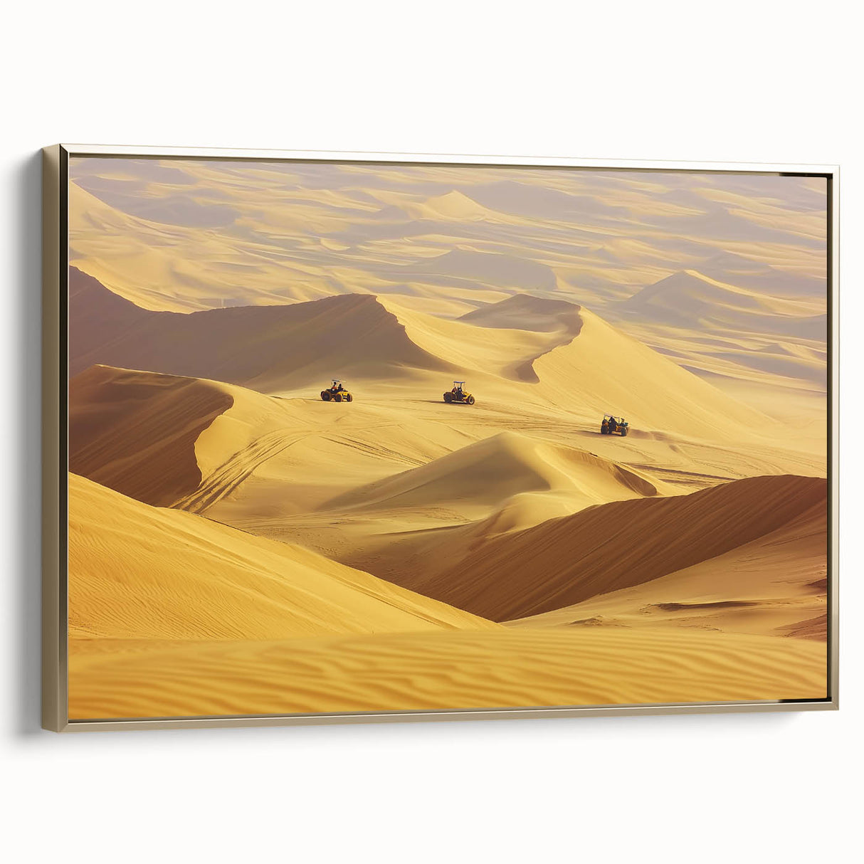 Framed canvas artwork showcasing a vibrant desert landscape with golden hues, elegantly displayed at an angle to highlight its texture and artistic detail. Perfect for enhancing modern interior decor.