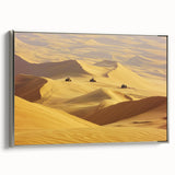 Framed canvas artwork of a desert landscape with a silver frame, showcasing warm tones of orange and brown, ideal for home decor and modern interiors.
