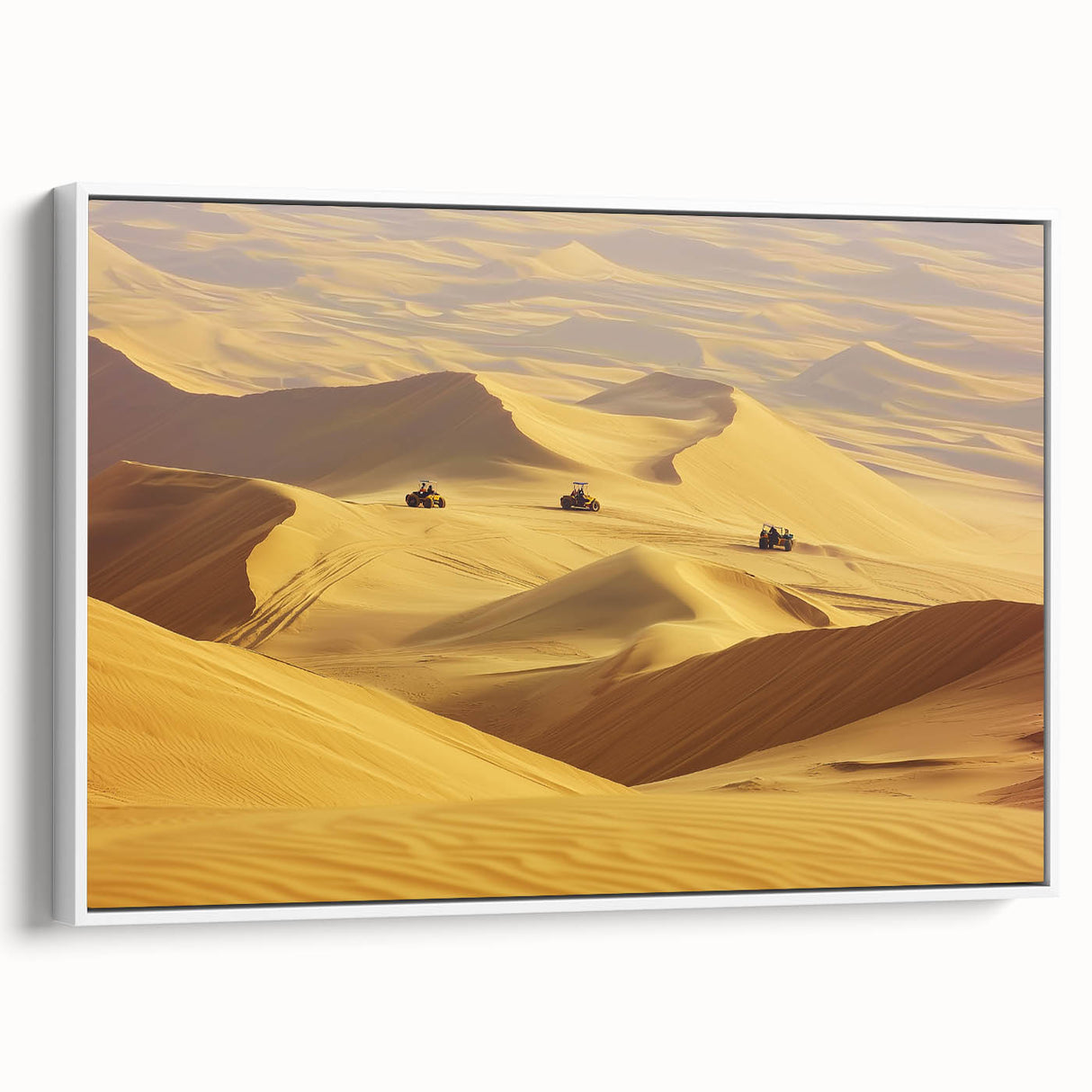 Framed canvas artwork depicting a serene desert landscape with warm tones of orange and beige, showcasing a white frame and side view dimensions for interior decor inspiration.