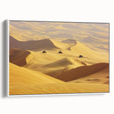 Framed canvas artwork depicting a serene desert landscape with warm tones of orange and beige, showcasing a white frame and side view dimensions for interior decor inspiration.