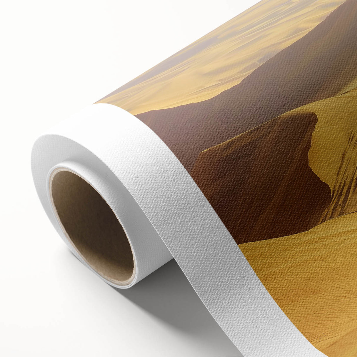 Desert landscape rolled canvas art showcasing vibrant hues of orange and yellow, evoking a serene sunset atmosphere, packaged securely in a protective tube.