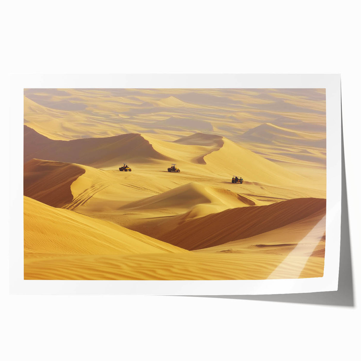 Desert landscape rolled canvas print showcasing vibrant hues of orange and yellow, capturing a serene sunset scene, elegantly packaged in a protective tube.
