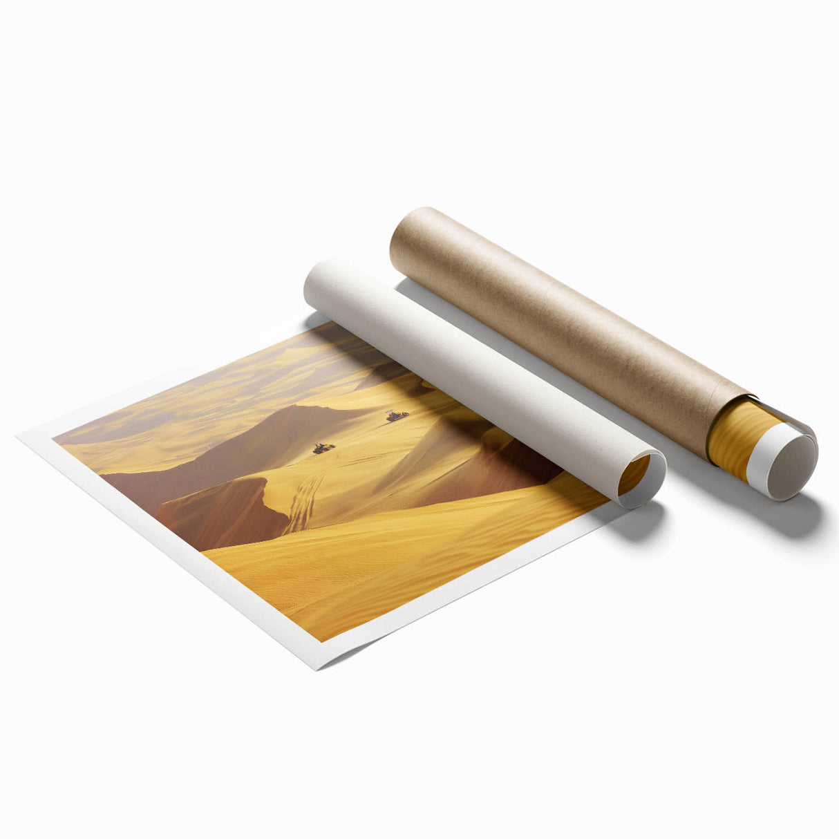 Desert landscape rolled canvas print showcasing vibrant hues of orange and yellow, wrapped securely in a protective cardboard tube for easy shipping and display.