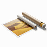 Desert landscape rolled canvas print showcasing vibrant hues of orange and yellow, wrapped securely in a protective cardboard tube for easy shipping and display.