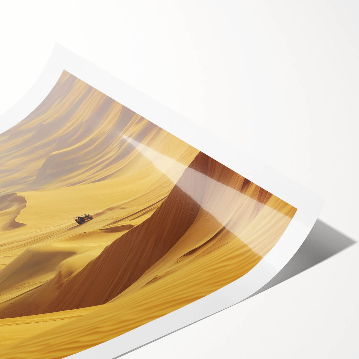 Desert landscape rolled print showcasing vibrant hues of orange and gold, capturing the essence of a serene sunset over arid terrain, packaged securely in a cardboard tube.