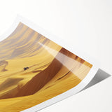 Desert landscape rolled print showcasing vibrant hues of orange and gold, capturing the essence of a serene sunset over arid terrain, packaged securely in a cardboard tube.