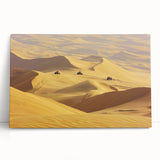 Desert landscape stretched canvas art featuring vibrant orange and yellow hues, depicting a serene sunset over sand dunes. Ideal for home decor and art enthusiasts.