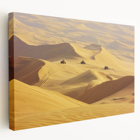 Stretched canvas artwork depicting a vibrant desert landscape with warm colors and striking rock formations, ideal for home decor or art enthusiasts.