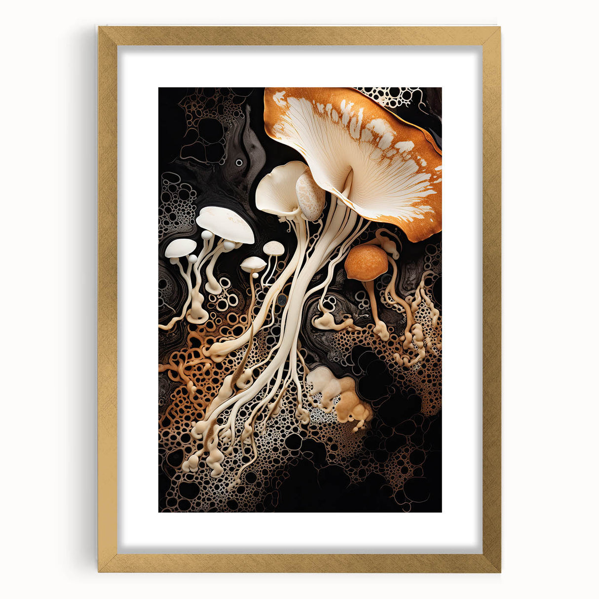 Extra large abstract art print in textured gold and beige tones, framed with a mat, ideal for living room decor.