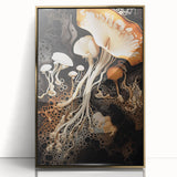 Large art print of natural close-ups in gold frame, featuring mid-century modernist style; suited for modern nursery decor.