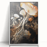 Art deco poster featuring close-up natural elements in muted green and white tones, acrylic framed.