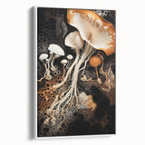 Vintage poster art depicting colorful natural elements on a large framed canvas, ideal for living room decor.