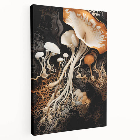 Close-up of a natural elements-themed stretched canvas wall art in muted earth tones, suitable for kitchen decor.