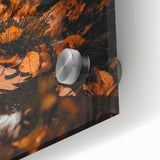 Large abstract wall art in warm autumn hues on acrylic glass, suitable for dining room art in a mid-century modernist style.