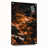 Large abstract wall art on acrylic glass depicting vibrant autumn colors, ideal for bedroom or dining room decor.