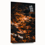 Large abstract wall art in warm autumn colors on acrylic glass, ideal for bedroom or dining room decor.