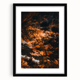 Extra large abstract art print with vibrant autumn colors on textured canvas, framed in black, ideal for living room decor.