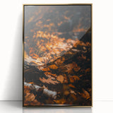 Large acrylic print featuring mid-century modernist fall trees in gold and brown tones, suitable for nursery wall art.