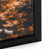 Close-up of extra large framed canvas featuring textured, colorful art depicting fall, ideal for living room decor.