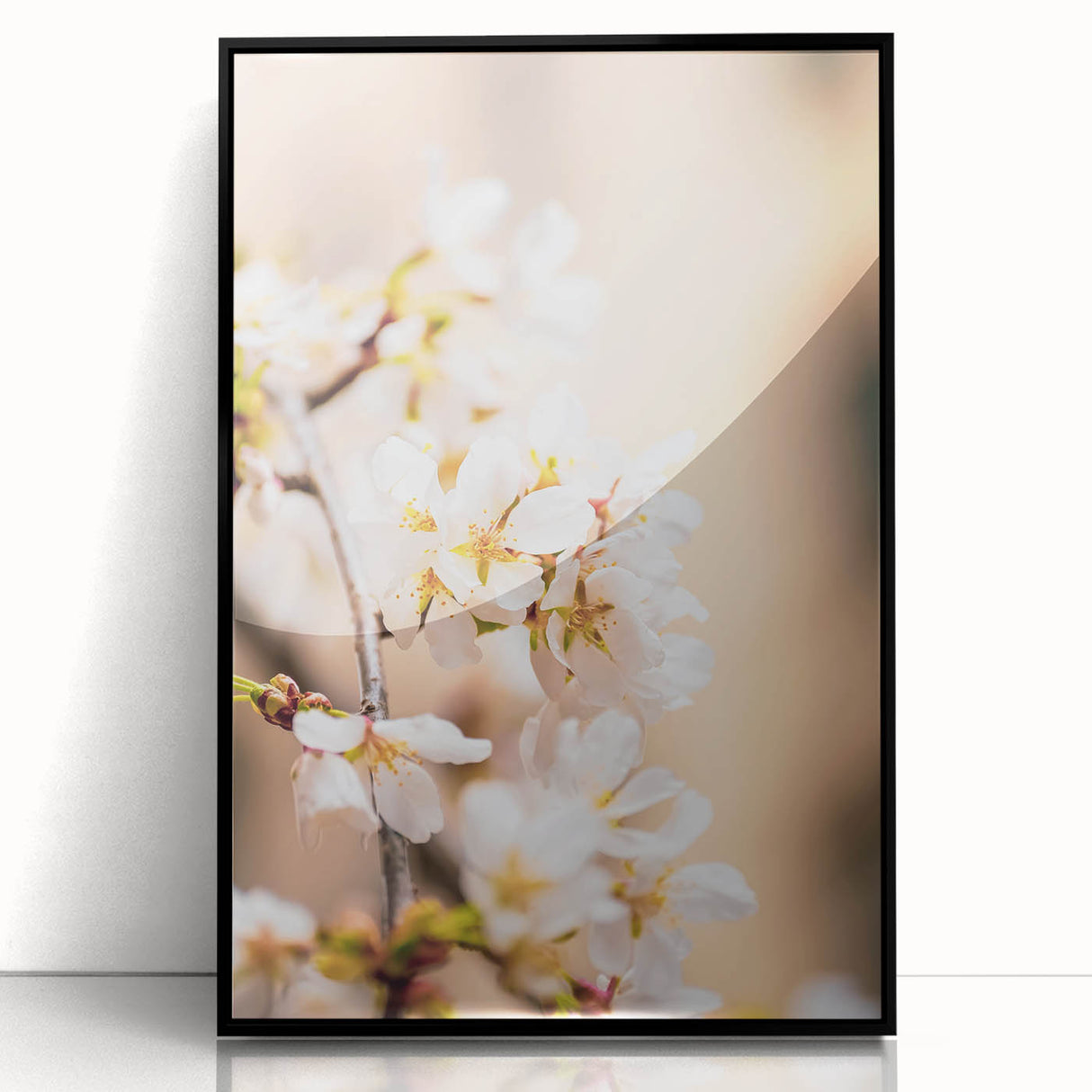Large abstract wall art depicting spring themes in vibrant greens and yellows on a black acrylic framed canvas.