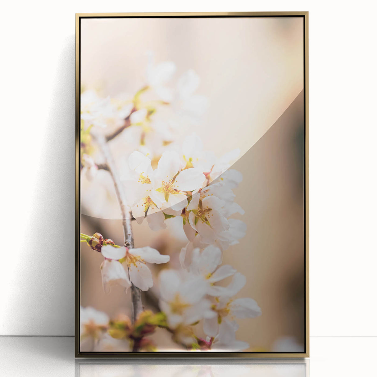 Large acrylic print of a mid-century modernist spring landscape in gold and green tones, ideal for modern art wall decor.