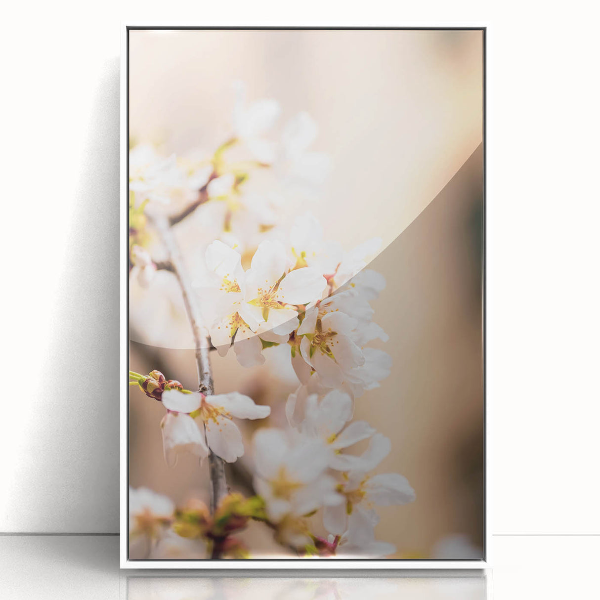Art deco poster featuring a spring theme with soft pastel colors on a white acrylic framed print.