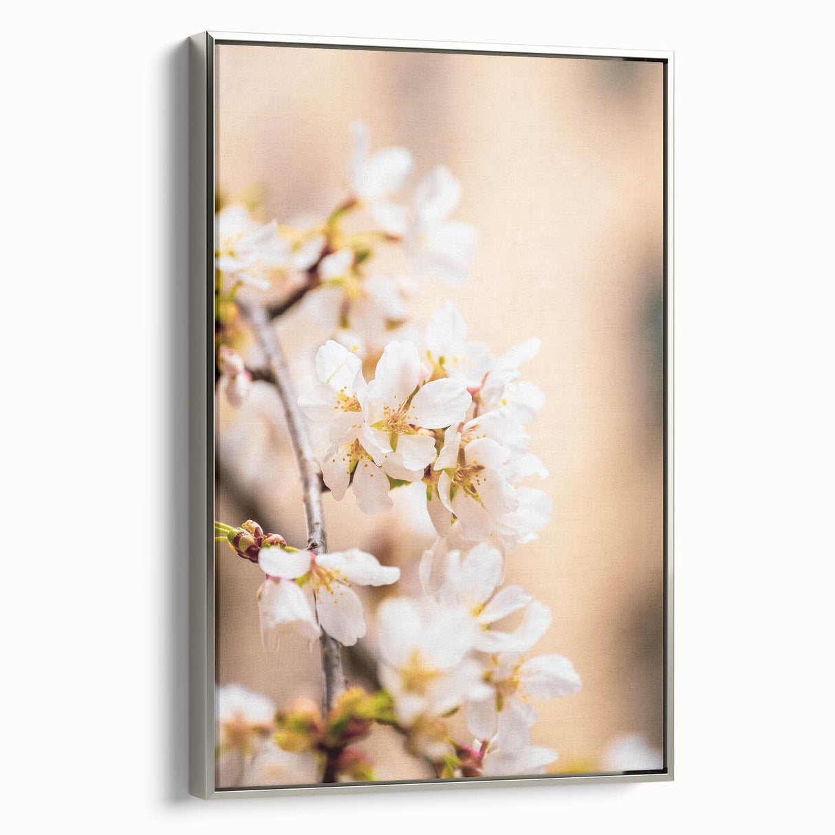 Framed canvas depicting a vintage landscape painting of spring, featuring colorful art on a black background.