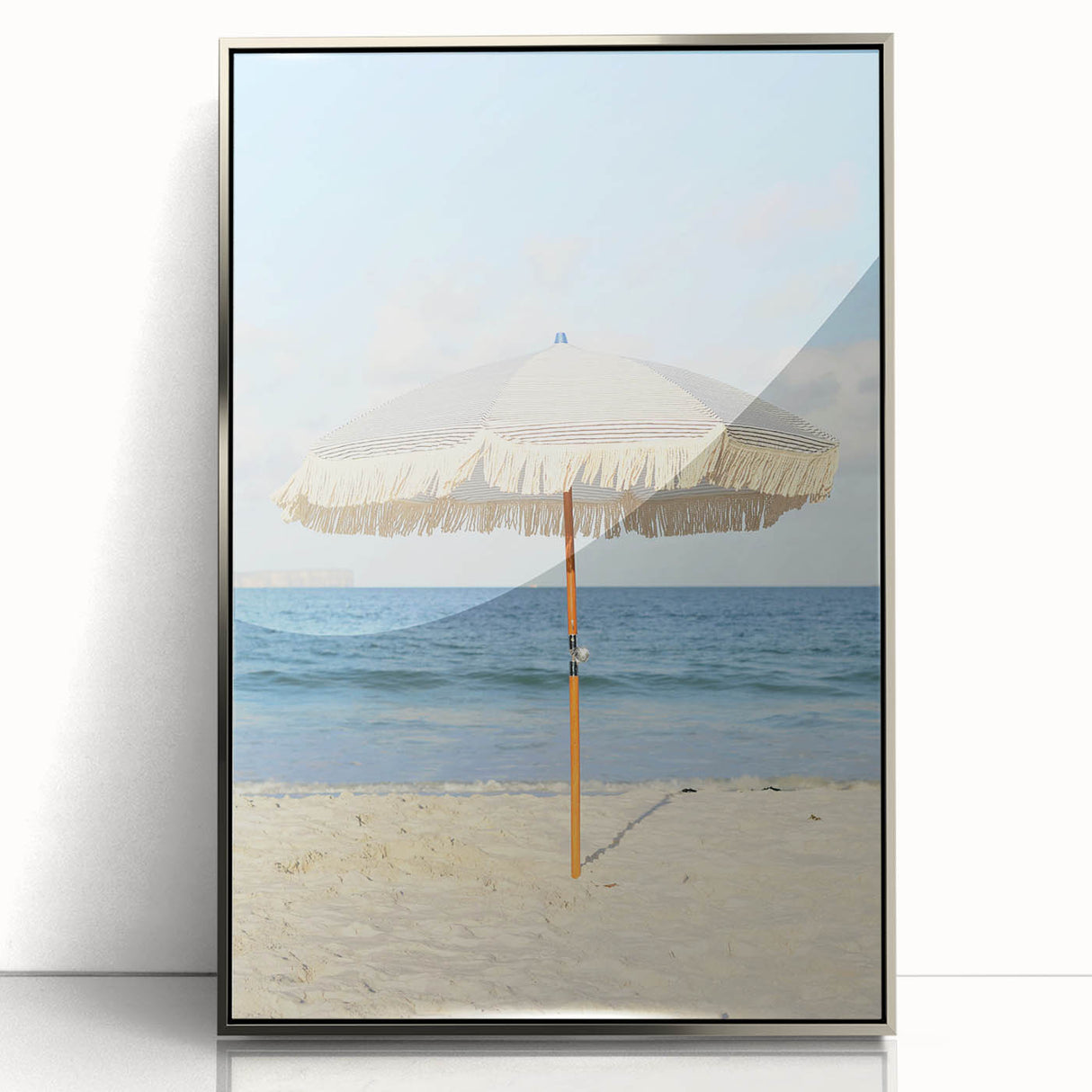 Mid-century modernist art featuring geometric shapes in muted earth tones on a silver-framed acrylic print.