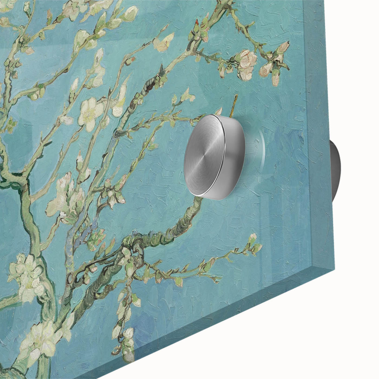 Large abstract wall art print on acrylic glass featuring swirling blue and yellow patterns, ideal for dining room decor.