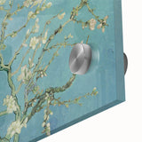 Large abstract wall art print on acrylic glass featuring swirling blue and yellow patterns, ideal for dining room decor.