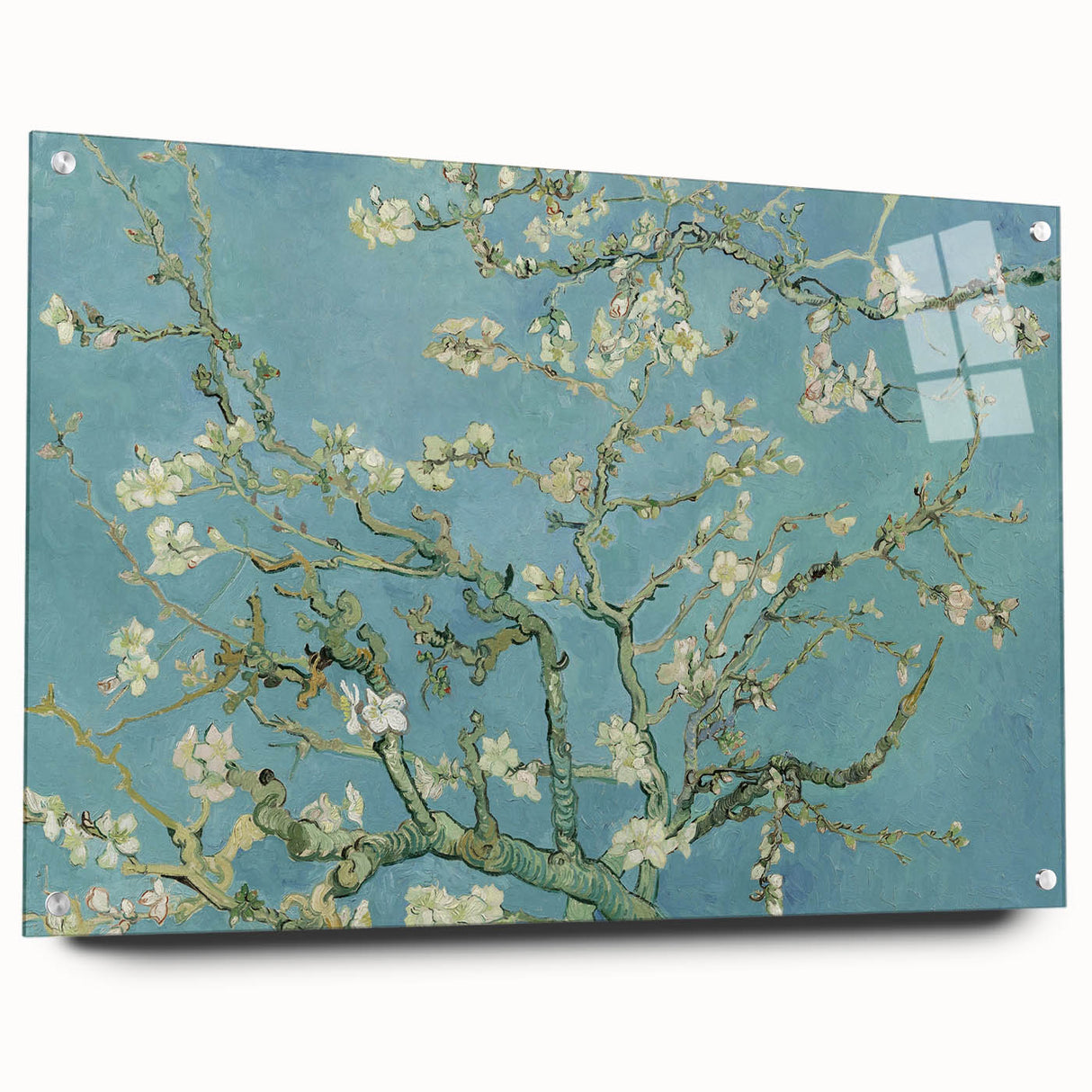 Large abstract wall art on acrylic glass depicting swirling blue and yellow patterns, ideal for bedroom or dining room decor.