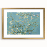 Abstract art print of swirling blue and yellow patterns on a gold-framed canvas, suitable for bedroom or dining room decor.