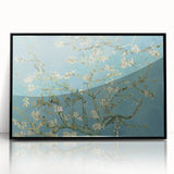 Large abstract wall art on acrylic, featuring swirling blue and yellow patterns, in a black frame.