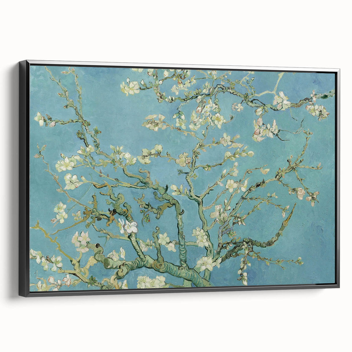 Black and white framed canvas of a vintage-style landscape painting, ideal for bedroom wall art.
