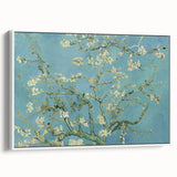 Vintage poster art of Van Gogh's Starry Night in a white frame on canvas, featuring a vibrant color palette.