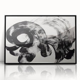 Framed acrylic artwork featuring a modern abstract design with vibrant strokes of black, white, and gray, perfect for contemporary home decor.