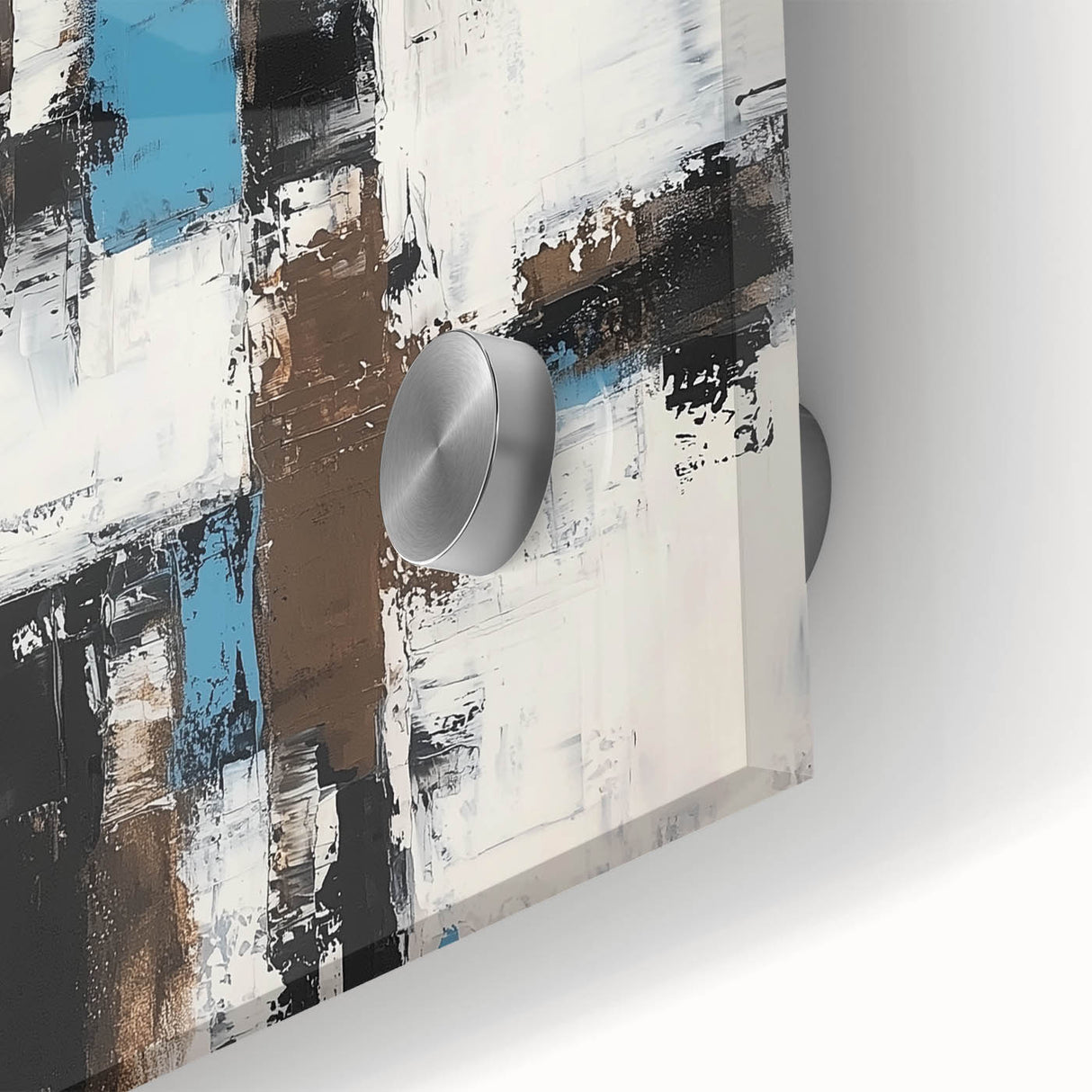 Close-up of an abstract acrylic glass artwork showcasing vibrant strokes in shades of blue, green, and gold, perfect for modern home decor accents.