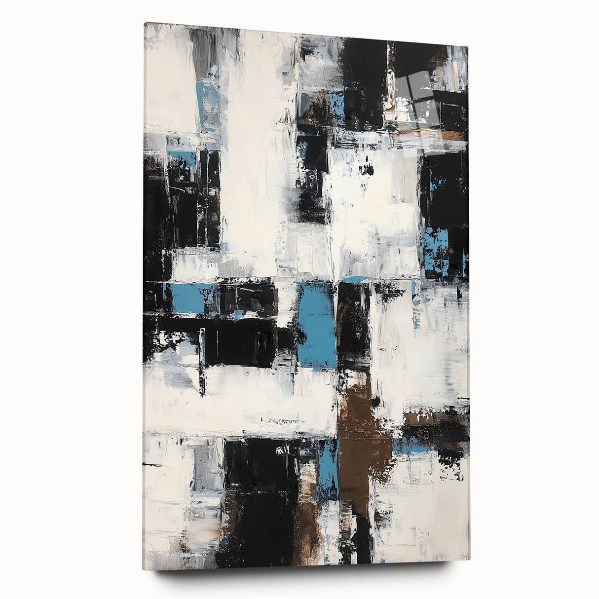 Abstract acrylic glass artwork showcasing vibrant strokes in shades of blue, pink, and gold, viewed from the side without pins, perfect for modern decor.