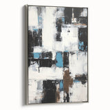 Abstract strokes canvas artwork showcasing dynamic silver tones and intricate details, framed elegantly for modern decor, perfect for enhancing living spaces.