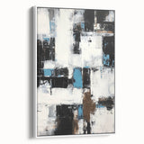 Framed canvas artwork showcasing abstract strokes in a minimalist design, featuring soft white tones and a sleek side profile, perfect for modern decor.