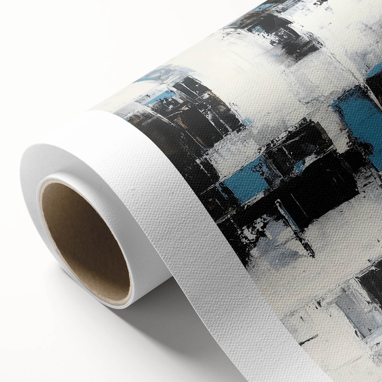 Abstract strokes artwork on rolled canvas, showcasing vibrant colors and dynamic patterns, ideal for modern home decor, packaged securely in a cardboard tube.