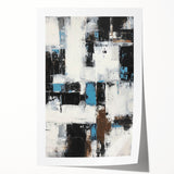 Abstract print showcasing vibrant strokes in shades of blue, orange, and gold, rolled and ready for display, enhancing modern decor with artistic flair.