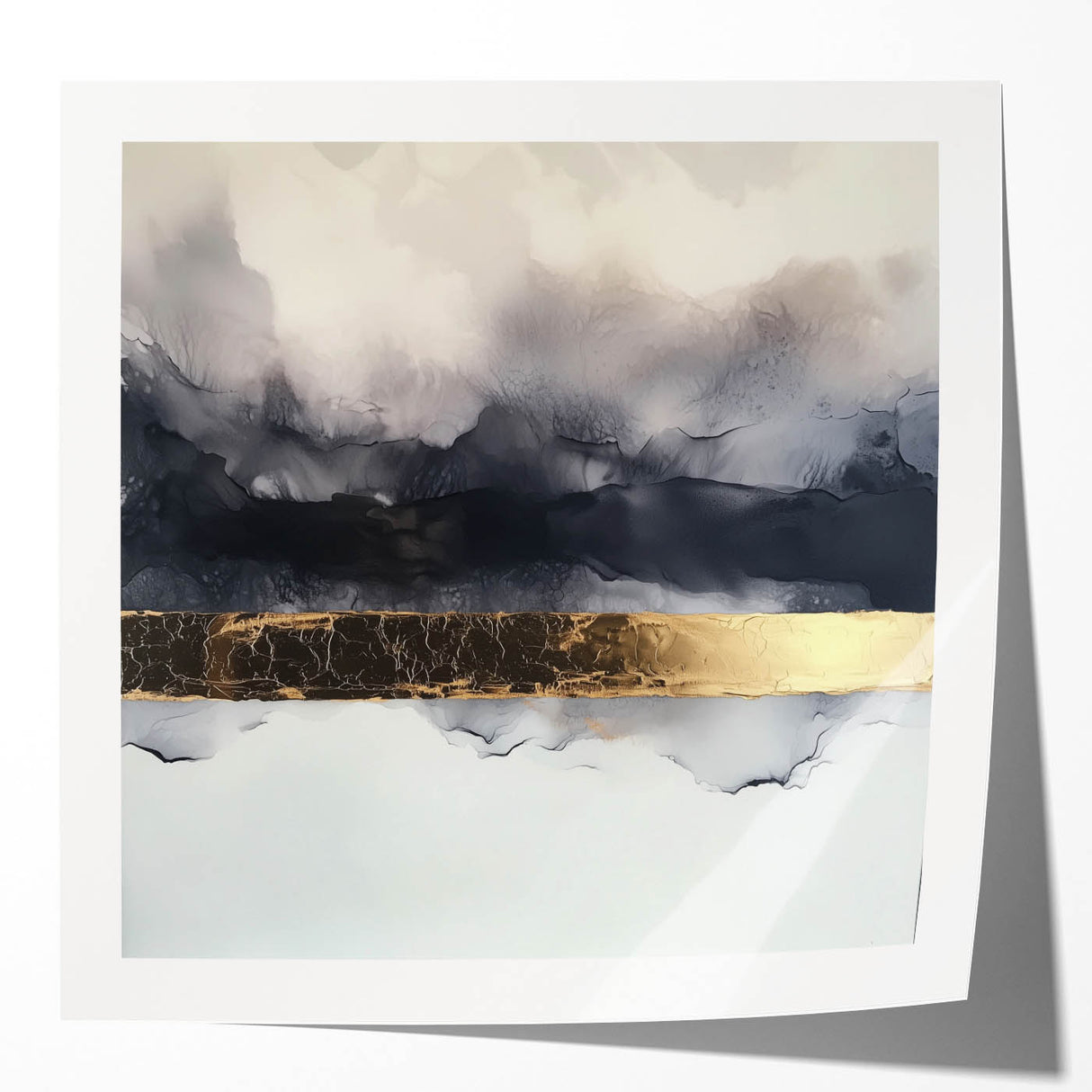 Abstract art print showcasing vibrant strokes in shades of blue, pink, and gold, elegantly displayed in a glossy frame, perfect for modern home decor.