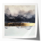 Abstract art print showcasing vibrant strokes in shades of blue, pink, and gold, elegantly displayed in a glossy frame, perfect for modern home decor.