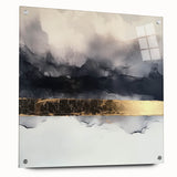 Abstract acrylic artwork showcasing vibrant strokes in a side view, elegantly mounted on glass with visible pins, enhancing modern decor aesthetics.