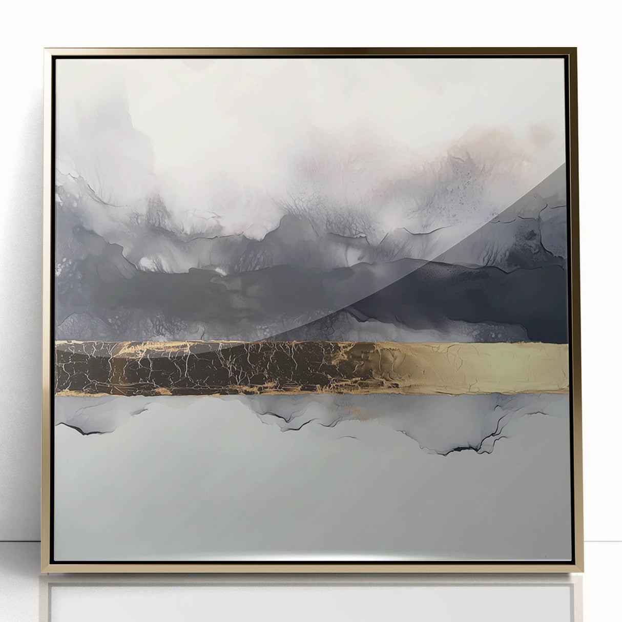 Framed acrylic artwork featuring abstract strokes in gold against a white background, ideal for modern home decor. Perfect for adding a touch of elegance to any room.